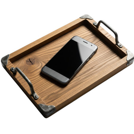 A close-up shot showcases a vintage-style wooden tray with metal accents. A sleek, modern smartphone lies flat on its surface, creating a striking contrast between old and new.の素材