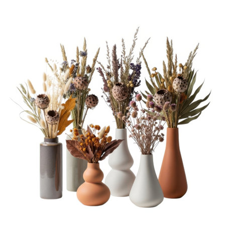 A collection of dried flower bouquets featuring natural textures and muted tones arranged in diverse, contemporary ceramic vases, perfect for adding bohemian charm to any living space.の素材
