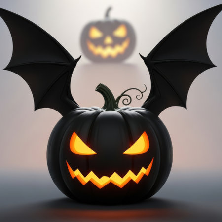 A menacing black pumpkin with carved glowing orange eyes and a jagged grin, adorned with large black bat wings. Another smaller, lit pumpkin sits behind it, creating a festive Halloween scene.の素材