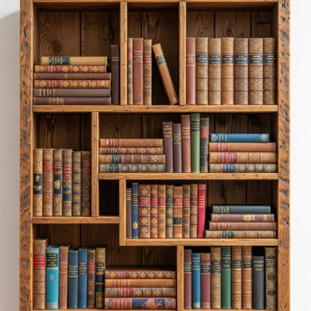 A detailed view of a rustic wooden shelf unit displaying numerous old books with worn covers, presented isolated on a white background.の素材