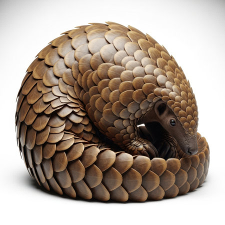 A pangolin is shown curled into a ball, its body covered in overlapping scales, isolated on a white background.の素材