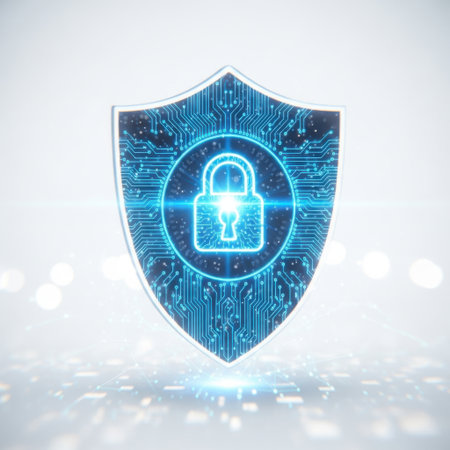 A glowing blue digital shield with a padlock symbol, symbolizing cybersecurity and data integrity, presented isolated on a white background.の素材