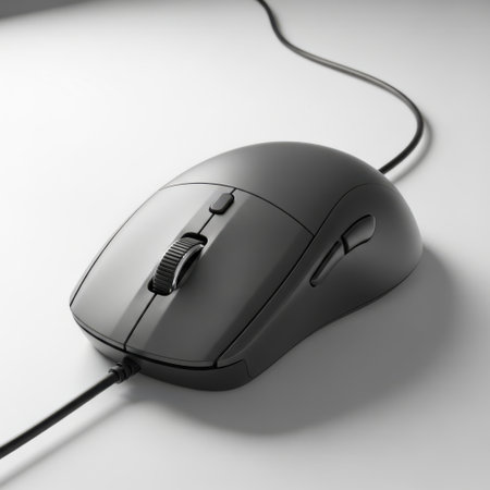 A close-up view of a modern gray computer mouse with its cable, presented in isolation on a white background.の素材