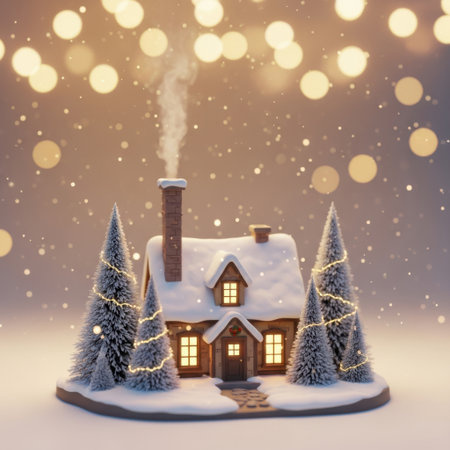 Experience the warmth of a charming winter cabin. Smoke rises from the chimney, snow blankets the roof and trees, and soft lights emanate from the windows, creating a magical holiday atmosphere with bokeh effects.の素材