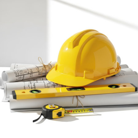 A yellow hard hat rests on rolled blueprints with a spirit level and tape measure in front, all isolated on a white background.の素材