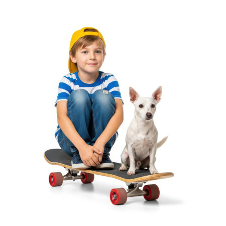 A cheerful young boy and his small white dog are captured together on a skateboard, presented cleanly isolated on a white background.の素材