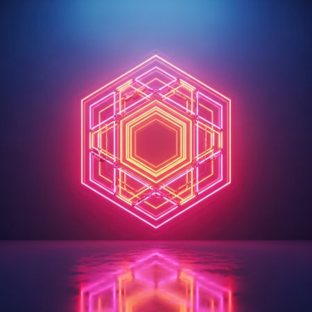 Experience the mesmerizing glow of a pink and orange neon hexagon. This intricate geometric pattern reflects beautifully, creating an abstract and futuristic visual with a captivating luminous effect.の素材