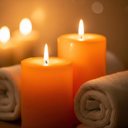 Experience tranquility with this image of glowing orange candles and plush rolled towels, perfect for creating a serene and calming ambiance in any spa or home.の素材
