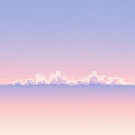 A serene and beautiful abstract landscape featuring a soft gradient of pastel colors in the sky, transitioning from lavender to pink, with a subtle cityscape silhouette in the distance.の素材