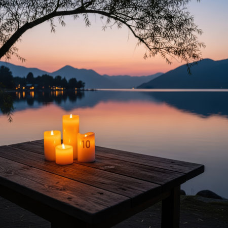Experience a moment of peace with this serene image. Softly glowing candles on a rustic wooden table overlook a calm lake during a breathtaking sunset, creating a warm and inviting atmosphere.の素材