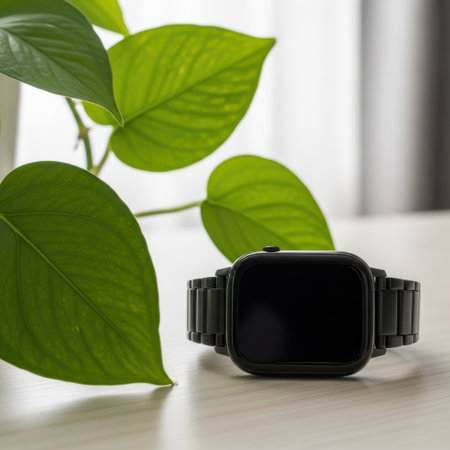 A sleek black smartwatch with a metal band rests on a surface, partially obscured by vibrant green leaves. The composition blends technology with nature, evoking a sense of stylish contemporary living.の素材