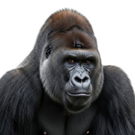 A detailed headshot of a large silverback gorilla, showcasing its powerful build and thoughtful expression against a clean white background.の素材