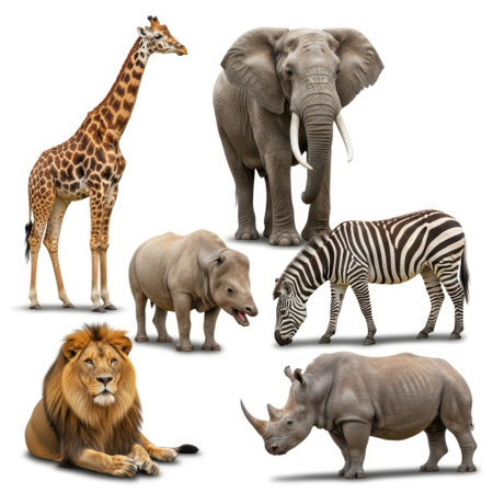 A striking arrangement of iconic African animals, including a giraffe, elephant, zebra, lion, rhino, and hippopotamus, presented clearly on a white background.の素材