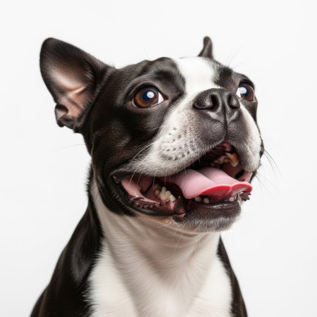 A close-up portrait of a Boston Terrier dog with its tongue out, presented cleanly isolated on a white background.の素材