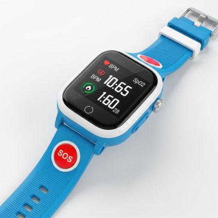A vibrant blue digital smartwatch featuring an SOS button and displaying time and heart rate information, presented isolated on a clean white background.の素材