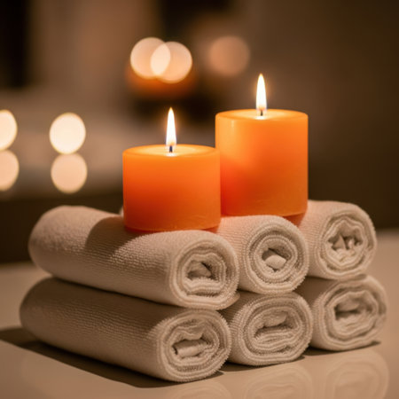 Create a tranquil atmosphere with this image featuring two warm orange candles casting a gentle glow over neatly rolled soft towels, perfect for promoting relaxation and a sense of peace.の素材