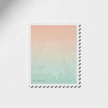 A single postage stamp with a subtle color gradient from peach to teal is presented on a clean white background.の素材