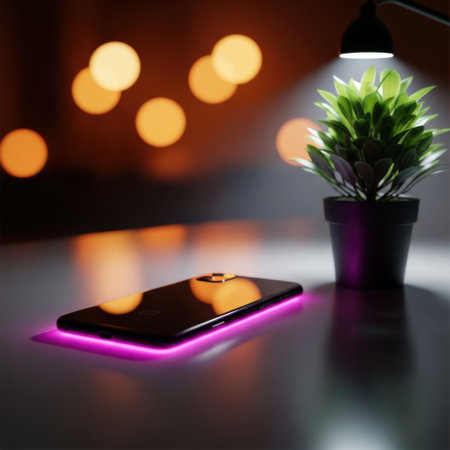 A modern smartphone rests on a surface, bathed in the soft glow of pink LED lighting. A small potted plant sits nearby, with warm bokeh lights creating a cozy atmosphere.の素材
