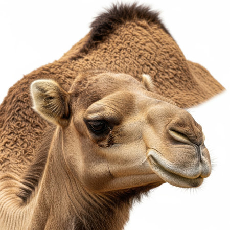 A detailed view of a dromedary camel's head and hump, presented as an isolated object on a clean white background.の素材