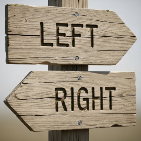 A weathered wooden signpost directs travelers with clear 'LEFT' and 'RIGHT' arrows. The rustic texture of the wood suggests a path forward or a choice to be made.の素材