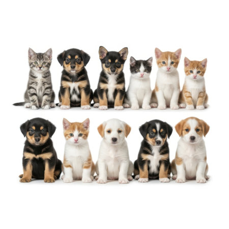 A charming arrangement of ten young puppies and kittens sitting attentively, presented isolated on a clean white background.の素材