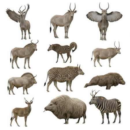 A curated collection of various wild mammals and ungulates, each presented separately on a clean white background.の素材