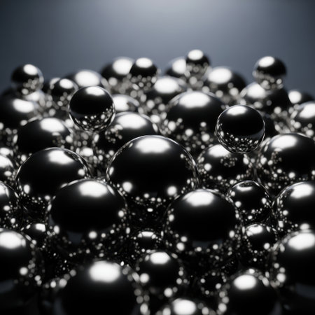 A dense arrangement of highly reflective metallic spheres creates a captivating visual experience. The interplay of light and shadow on their polished surfaces suggests a sense of depth and energy.の素材