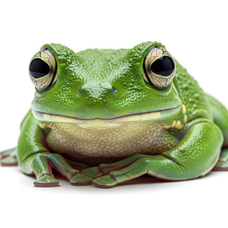 A close-up view of a bright green amphibian with prominent eyes, presented in isolation against a pure white background.の素材