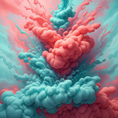 Experience a stunning visual spectacle as coral and teal ink clouds collide and expand. This dynamic abstract imagery captures the beauty of liquid diffusion and explosive color.の素材