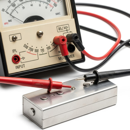 A vintage analog multimeter with attached test leads is positioned next to a small metal object, all isolated on a clean white background.の素材