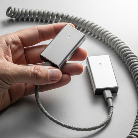 A close-up view of a hand holding a small electronic component with a cable attached, presented on a clean white background.の素材