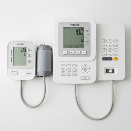 A close-up view of two white digital medical devices, one a blood pressure monitor, presented on a clean white background.の素材