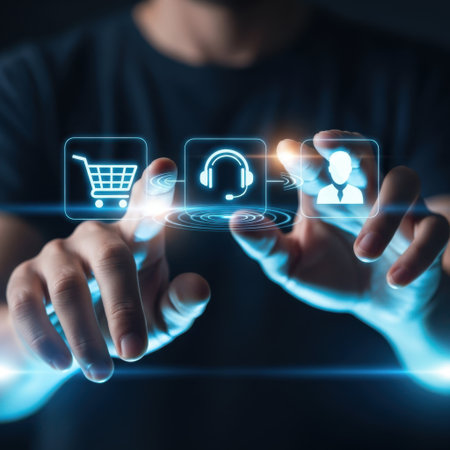 Close up of hands touching illuminated virtual interface displaying shopping cart headset and user icons. Concept for digital interaction technology and online services.の素材