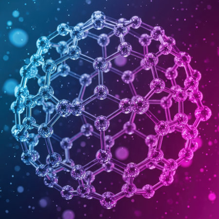 A detailed 3D rendering of a complex molecular structure, possibly a fullerene or carbon nanotube, showcasing a vibrant gradient from blue to pink and surrounded by shimmering particles.の素材