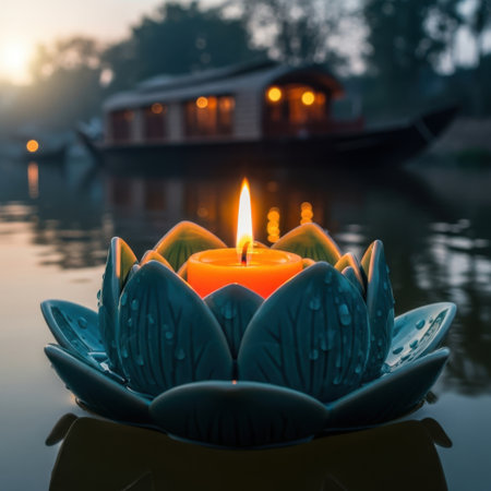 A close-up view of a teal ceramic lotus flower candle holder with a lit candle, set against a softly blurred backdrop of a houseboat on a tranquil lake during sunset.の素材