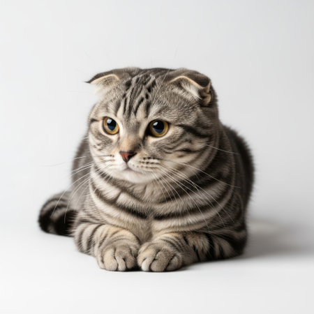 A beautiful tabby Scottish Fold cat with distinctive folded ears is presented alone on a clean white background.の素材