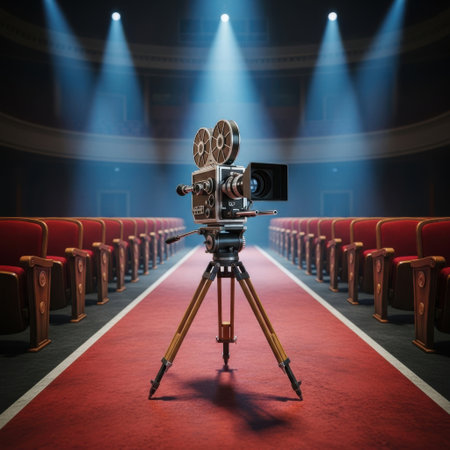 A classic film camera on a tripod sits on a red carpet aisle in a dimly lit theater. Spotlights shine down, creating a dramatic atmosphere for a movie premiere.の素材