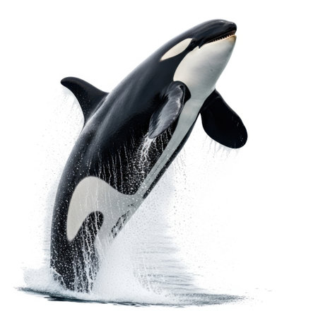 A powerful orca whale breaches the surface, showcasing its distinctive black and white markings against a clean white background.の素材