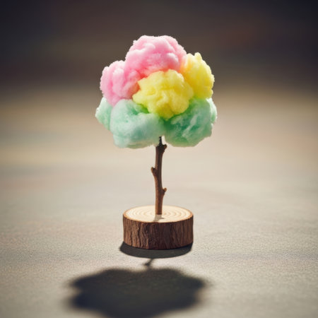 A delightful miniature tree sculpture crafted from fluffy cotton candy in pastel shades of pink yellow blue and green is presented on a wooden base.の素材