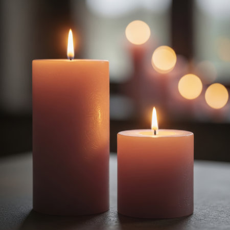 Two textured pillar candles emit a warm glow with gently flickering flames. Softly blurred bokeh lights create a cozy and inviting atmosphere, perfect for relaxation or special occasions.の素材