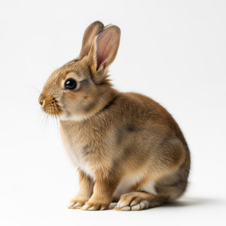A charming young rabbit with soft fur and curious eyes is presented in a studio setting on a plain white background.の素材