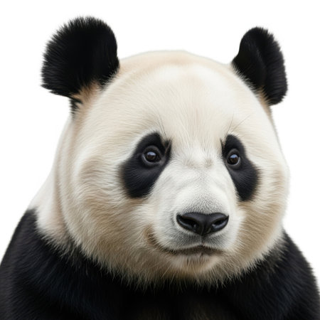 A detailed headshot of a giant panda bear, showcasing its characteristic black and white markings, presented on a plain white background.の素材