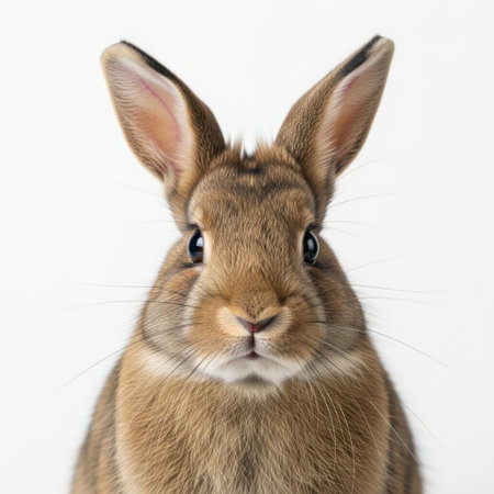 A detailed studio shot features a fluffy brown rabbit with prominent ears, presented clearly isolated on a white background.の素材