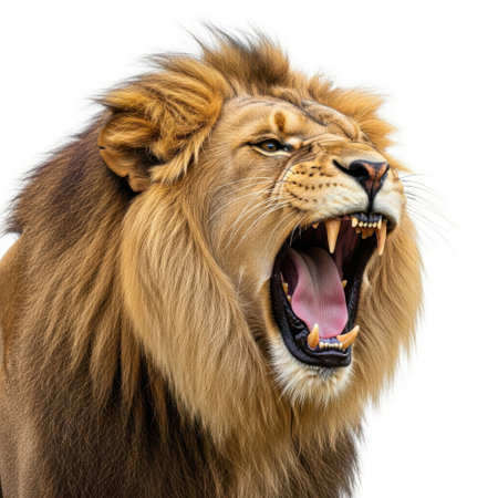 A powerful male lion with a magnificent mane lets out a fierce roar, its mouth wide open, isolated on a clean white background.の素材