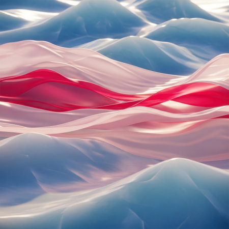 Experience a captivating abstract visual. Fluid art features dynamic red and pink ribbons weaving through soft blue and white undulating forms, creating a sense of motion and depth.の素材