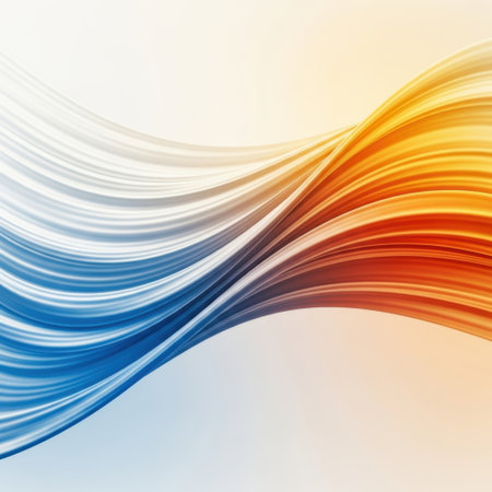 Experience a vibrant visual of flowing abstract waves transitioning from cool blues to warm oranges and yellows. This dynamic imagery evokes a sense of energy and movement, perfect for modern designs.の素材