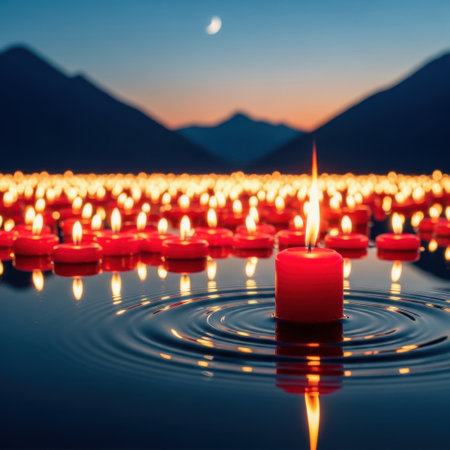 A captivating scene featuring numerous red candles floating on calm water. The gentle ripples around a prominent candle create a tranquil and meditative atmosphere as twilight descends.の素材