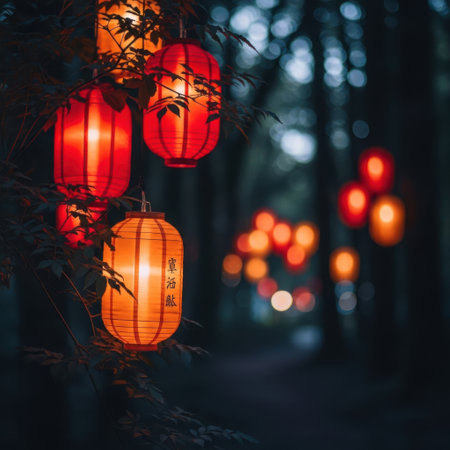A captivating display of traditional paper lanterns glowing with warm light. The soft bokeh effect in the background creates a magical atmosphere, perfect for celebrations and cultural events.の素材