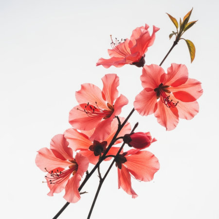 A close-up shot captures the intricate beauty of vibrant coral azalea flowers on a delicate stem. Their soft petals and detailed stamens are showcased against a clean, bright backdrop, celebrating nature's artistry.の素材