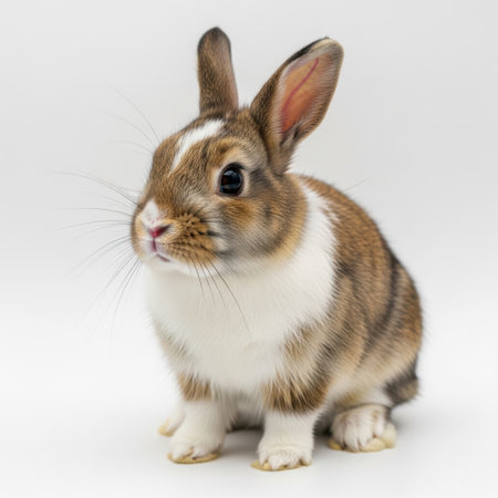 A detailed ceramic figurine of a rabbit with brown and white markings is presented isolated on a clean white background.の素材